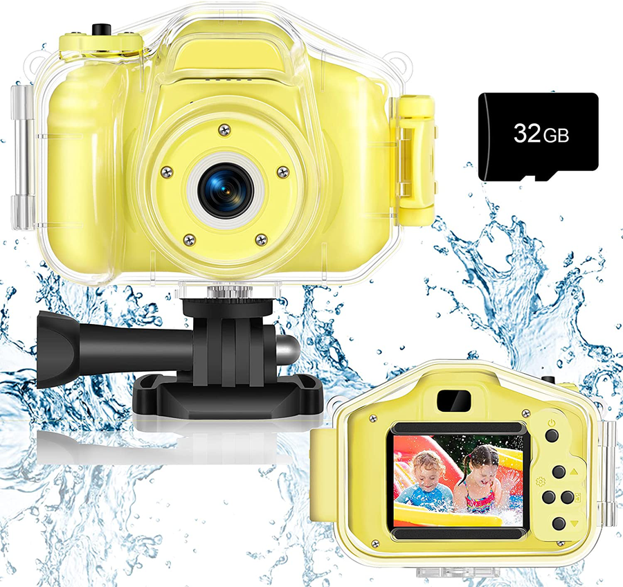 Agoigo Kids Waterproof Camera Toys for 3-12 Year Old Boys Girls Christmas Birthday Gifts HD Children'S Digital Action Camera Child Underwater Sports Camera 2Inch Screen with 32GB Card (Yellow)