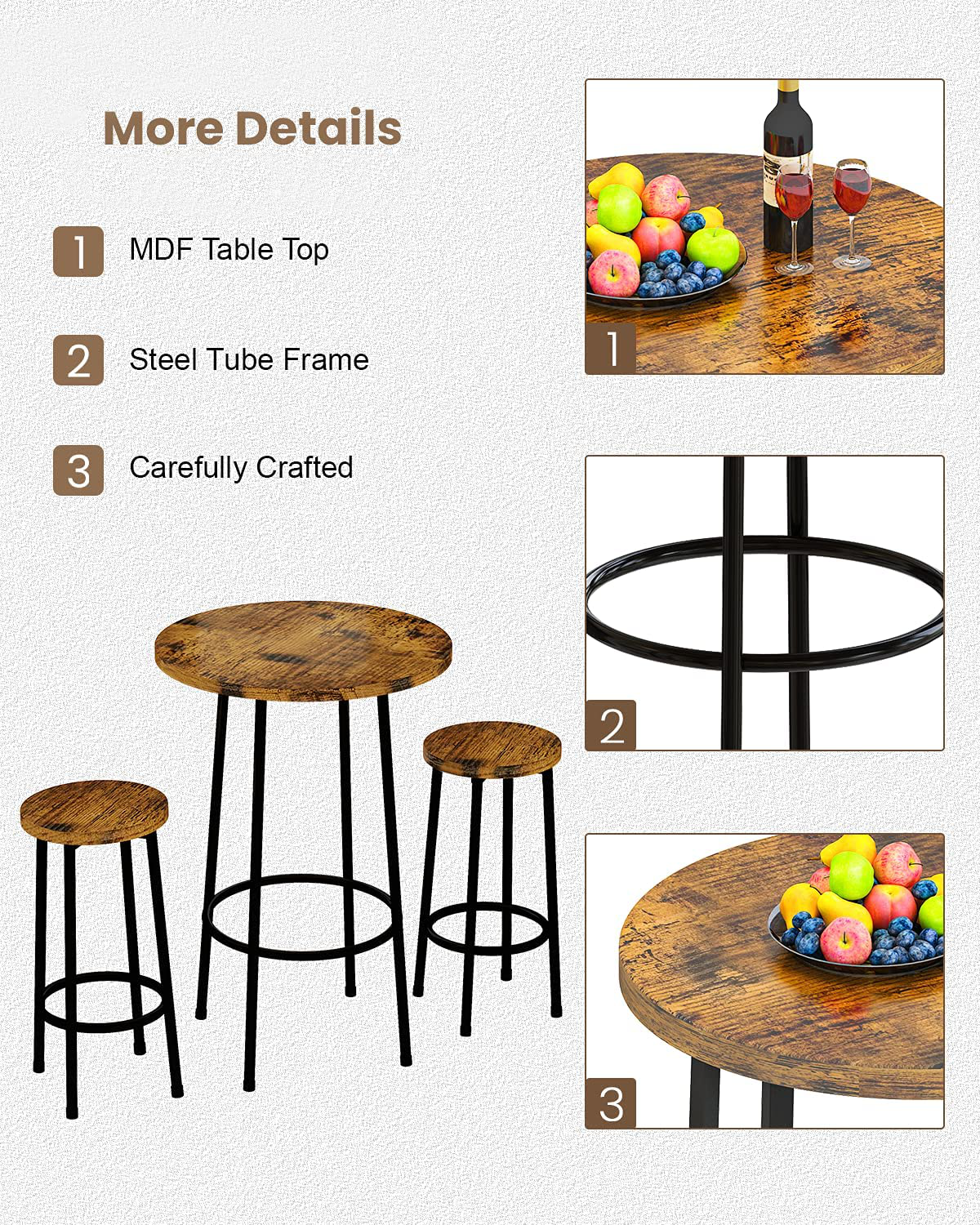 Recaceik 3 Piece Pub Dining Set, Modern round Bar Table and Stools for 2 Kitchen Counter Height Wood Top Bistro Easy Assemble for Breakfast Nook Living Room Small Space Restaurant, Rustic Brown 23