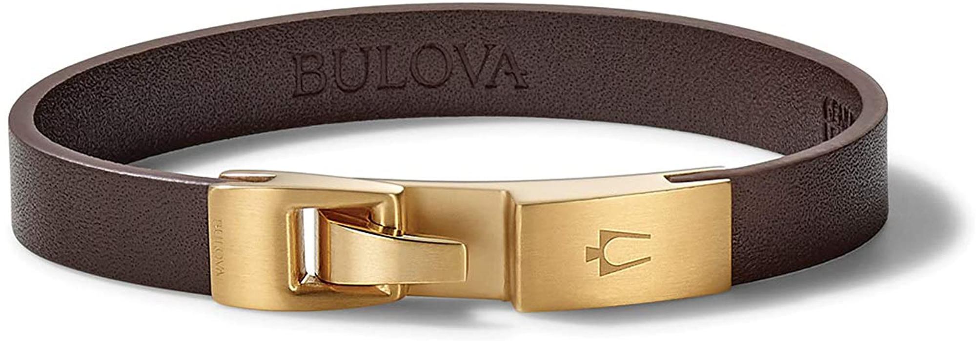 Bulova Mens Classic Brown Leather Single-Wrap Bracelet with Brushed Gold-Tone Stainless Steel Hook Clasp (Model J97B004M), Medium