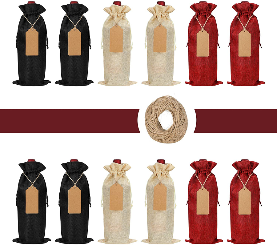 Reusable Burlap Wine Bag, 12 Pcs Wine Bottle Gift Bags with Drawstring,Tags and Ropes for Gift,Christmas,Wedding,Birthday, Holiday Party,Etc.