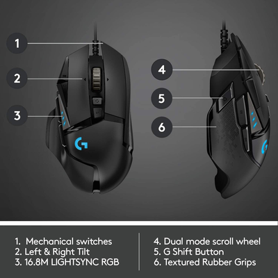 Logitech G502 HERO High Performance Wired Gaming Mouse, HERO 25K Sensor, 25,600 DPI, RGB, Adjustable Weights, 11 Programmable Buttons, On-Board Memory, PC / Mac