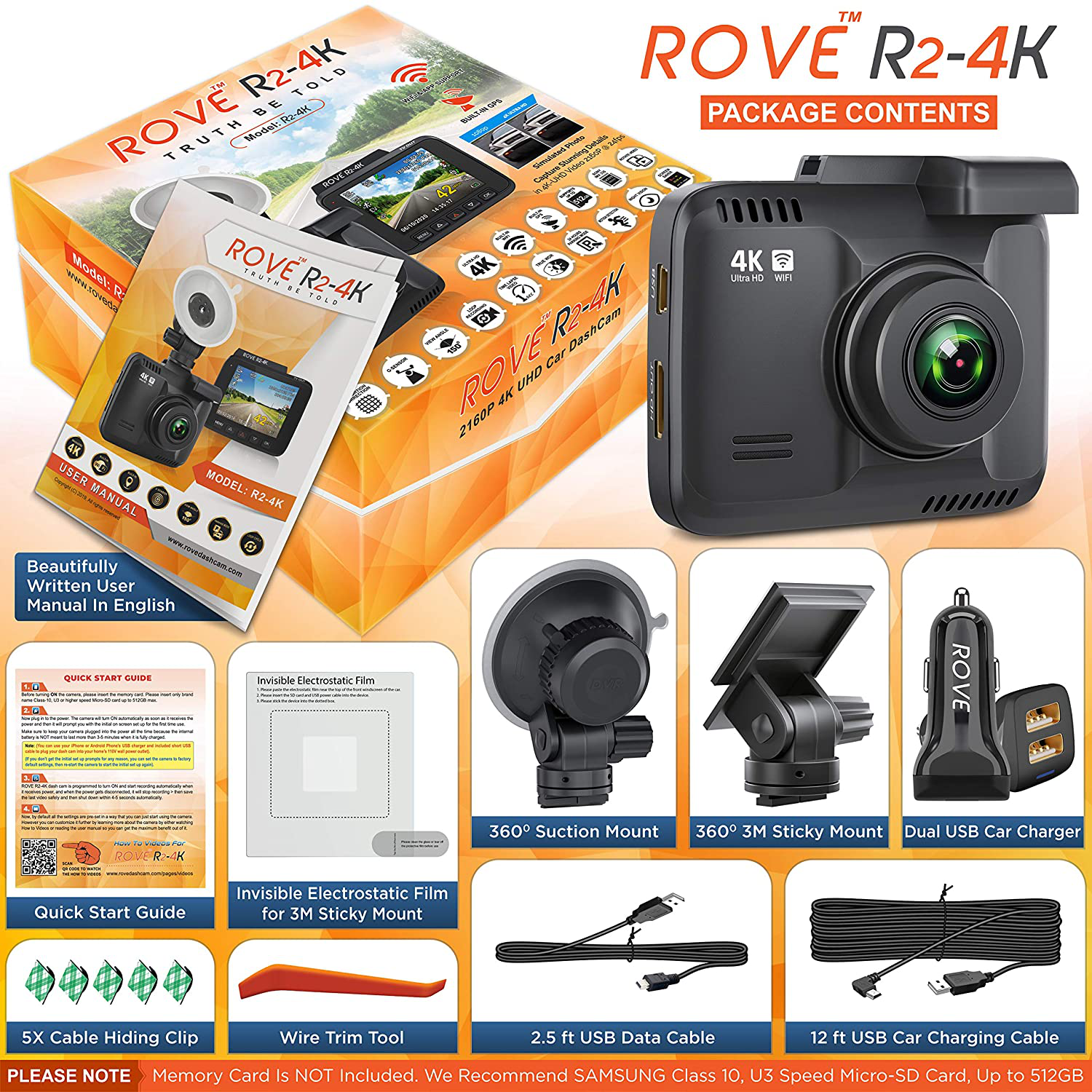 Rove R2-4K Dash Cam Built in Wifi GPS Car Dashboard Camera Recorder with UHD 2160P, 2.4" LCD, 150° Wide Angle, WDR, Night Vision