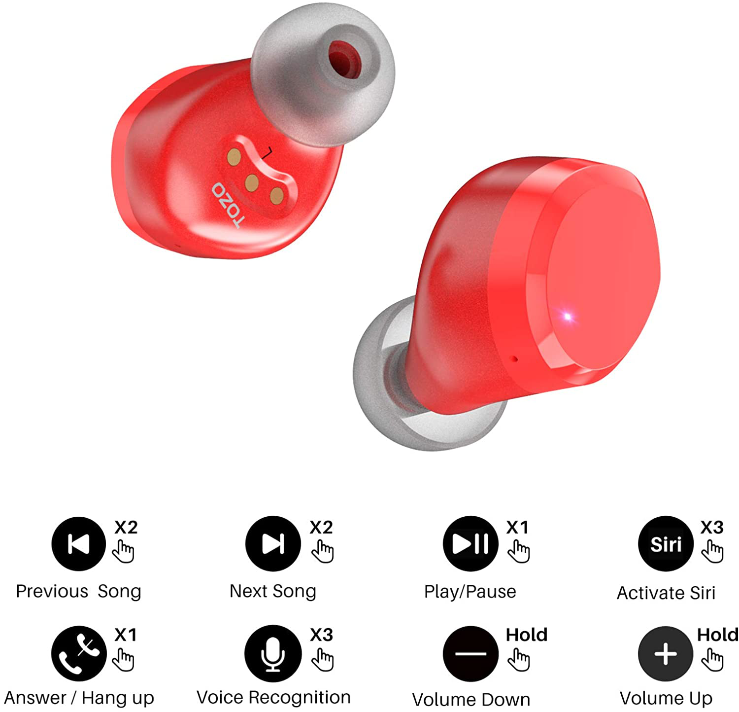 TOZO T12 Wireless Earbuds Bluetooth Headphones Premium Fidelity Sound Quality Wireless Charging Case Digital LED Intelligence Display IPX8 Waterproof Earphones Built-In Mic Headset for Sport Red