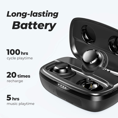 Wireless Earbuds, Tribit 100H Playtime Bluetooth 5.0 IPX8 Waterproof Touch Control True Wireless Bluetooth Earbuds with Mic Earphones In-Ear Deep Bass Built-In Mic Bluetooth Headphones, Flybuds 3