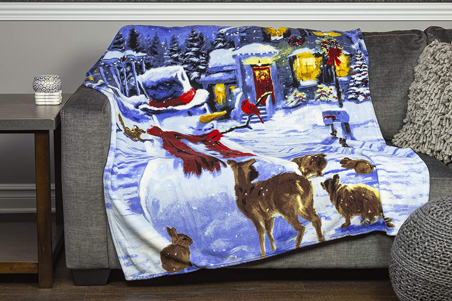 Snowman and Friends Holiday Lights Super Soft Plush Fleece Throw Blanket