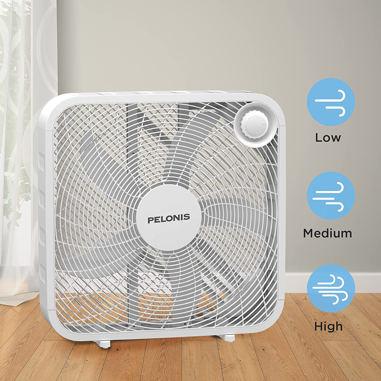 PELONIS PFB50A2BWW 3-Speed Box Fan for Full-Force Circulation with Air Conditioner, White, 2020 New Model