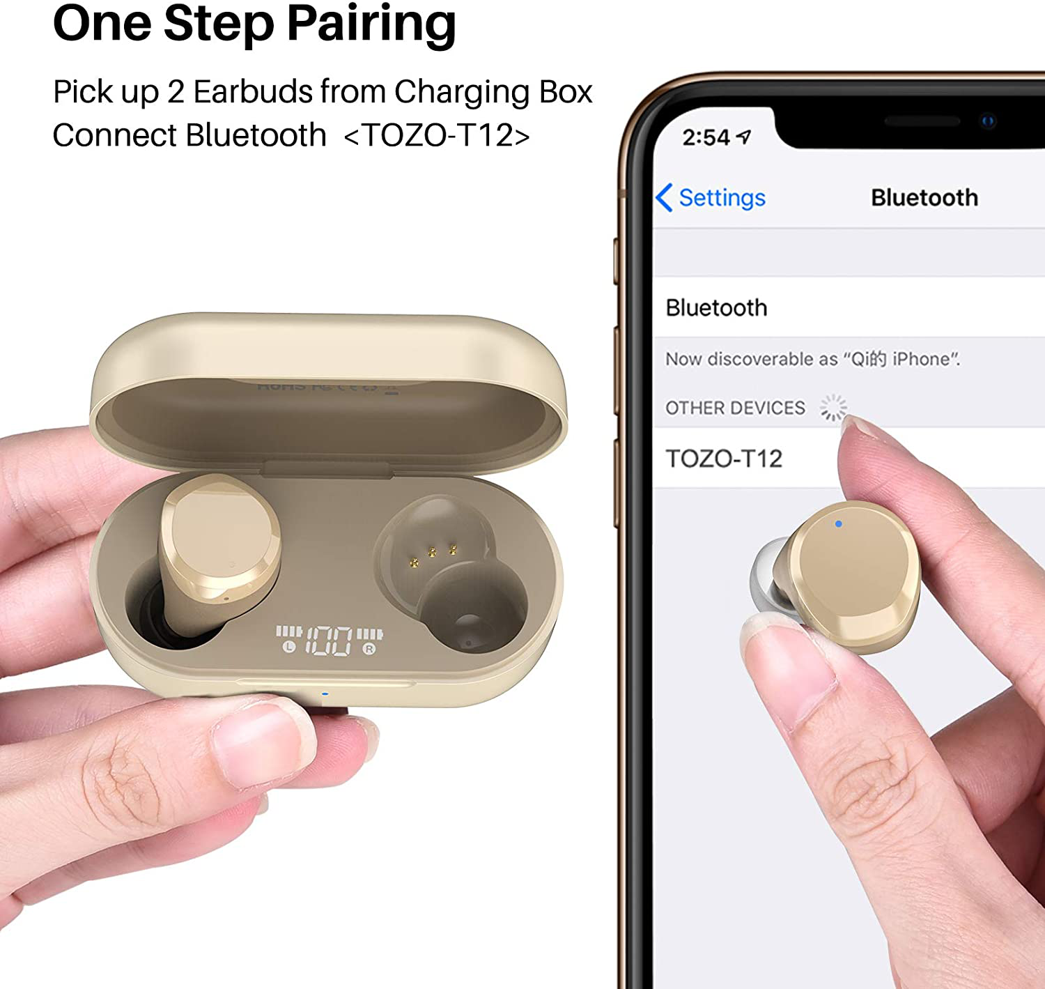 TOZO T12 Wireless Earbuds Bluetooth Headphones Premium Fidelity Sound Quality Wireless Charging Case Digital LED Intelligence Display IPX8 Waterproof Earphones Built-In Mic Headset for Sport Champagne