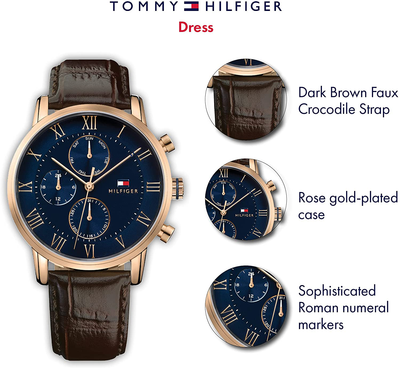 Tommy Hilfiger Men'S Sophisticated Sport Stainless Steel Quartz Watch with Leather Strap, Brown, 22 (Model: 1791399)