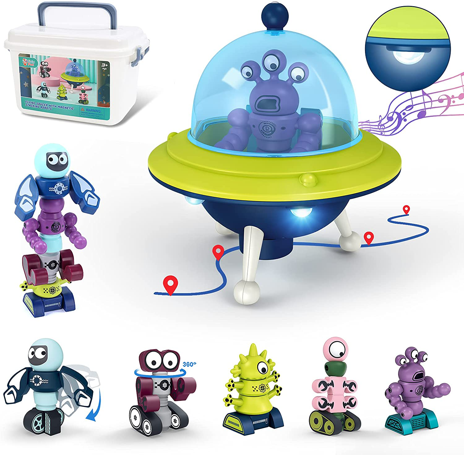 HOLYFUN Magnetic Toys for Kids, Electronic Magnetic Walking Flying Saucer with 35PCS Stacking Blocks Building Robot, Storage Box, STEM Educational Space Ship and Robot Toy Gift for Toddler Boy Girl