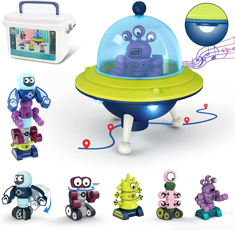 HOLYFUN Magnetic Toys for Kids, Electronic Magnetic Walking Flying Saucer with 35PCS Stacking Blocks Building Robot, Storage Box, STEM Educational Space Ship and Robot Toy Gift for Toddler Boy Girl
