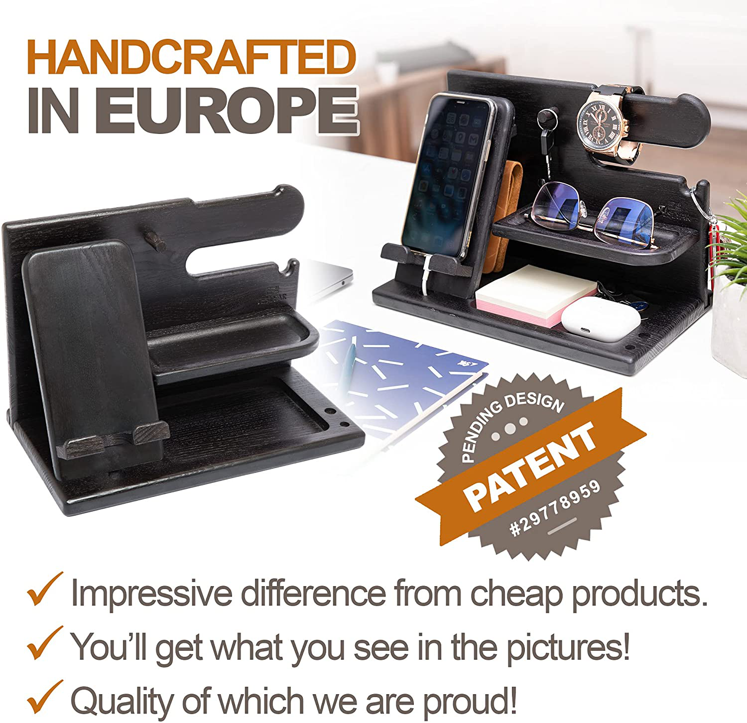 TESLYAR Wood Phone Docking Station Ash Key Holder Wallet Stand Watch Organizer Men Gift Husband Wife Anniversary Dad Birthday Nightstand Purse Father Graduation Male Travel Idea Gadget (Black)