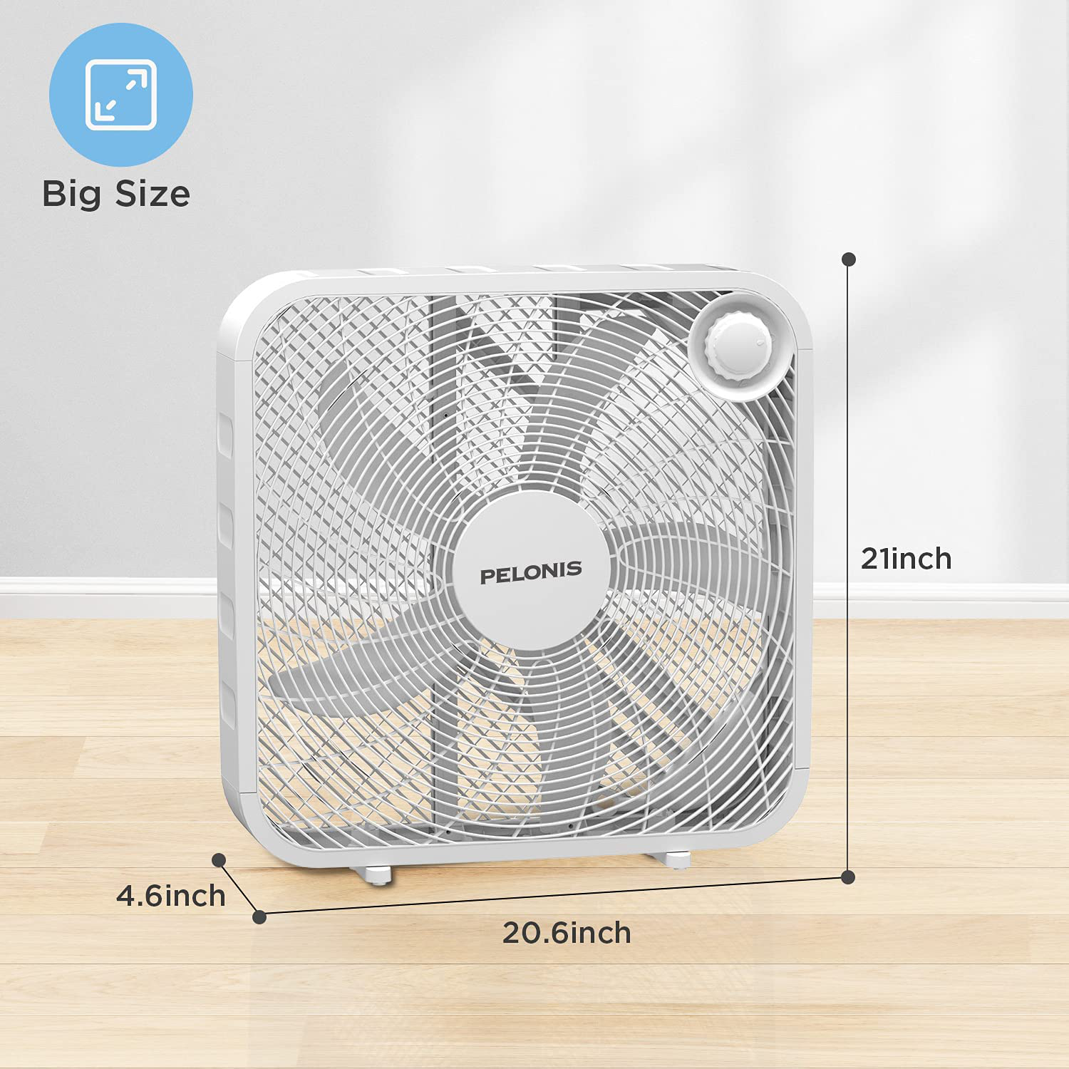 PELONIS PFB50A2BWW 3-Speed Box Fan for Full-Force Circulation with Air Conditioner, White, 2020 New Model