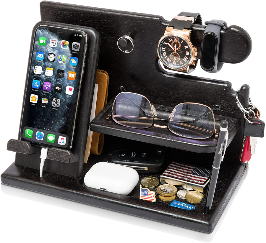 TESLYAR Wood Phone Docking Station Ash Key Holder Wallet Stand Watch Organizer Men Gift Husband Wife Anniversary Dad Birthday Nightstand Purse Father Graduation Male Travel Idea Gadget (Black)