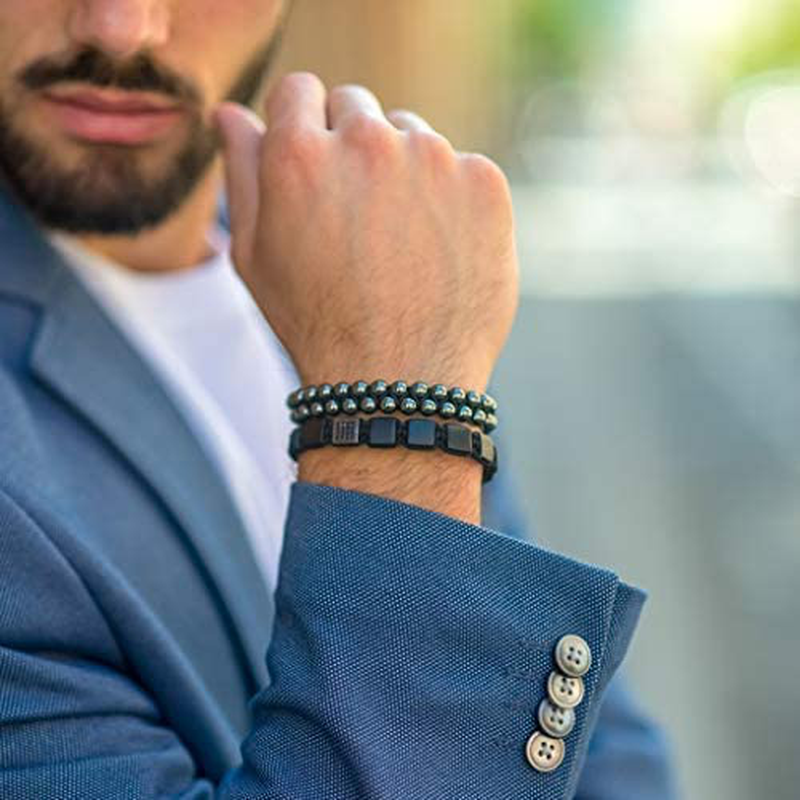 GT Collection Men'S Double Beaded Bracelet - Used for Its Grounding Effects – 100% Natural Wrapped - Adjustable Gemstones Beaded Bracelet for Men’S