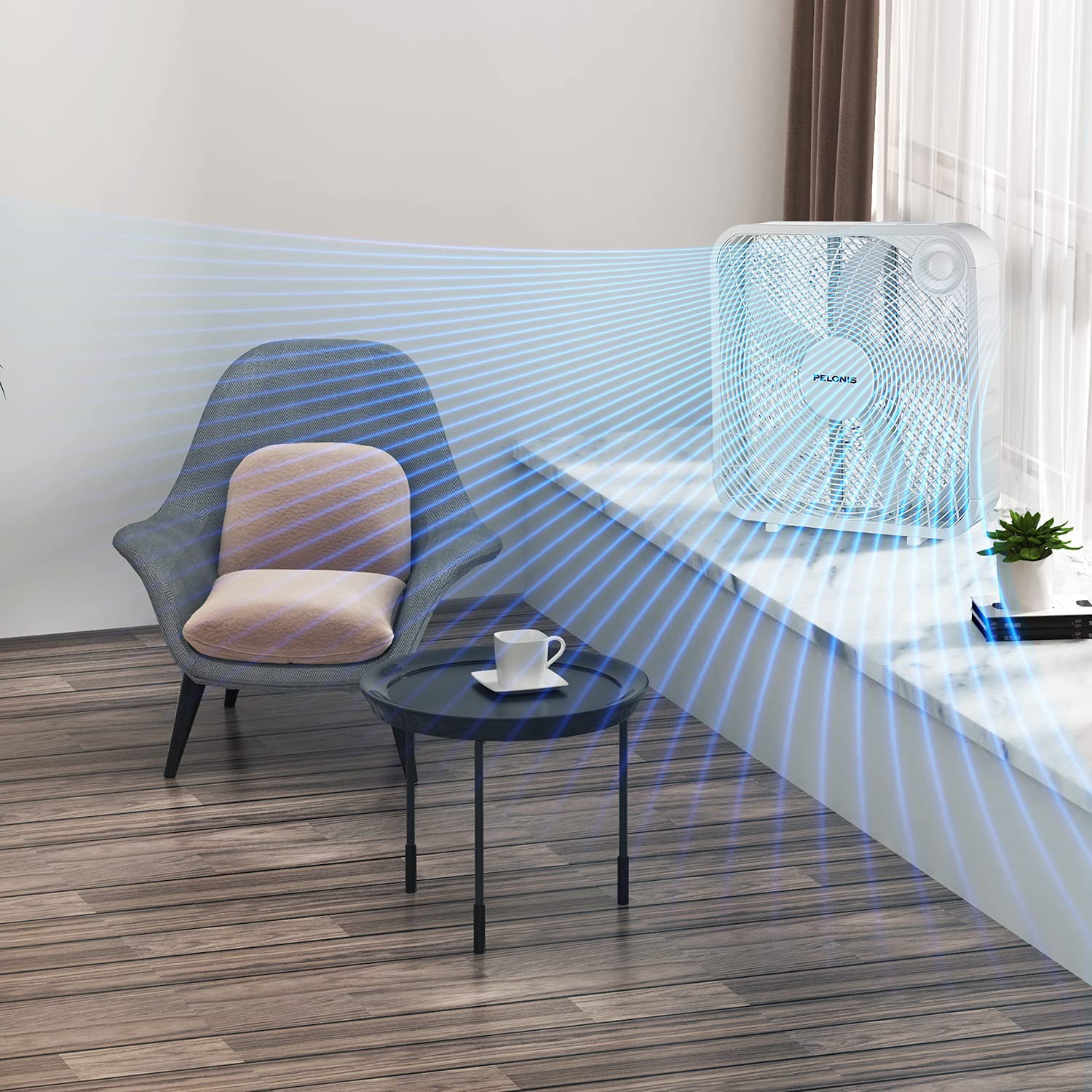 PELONIS PFB50A2BWW 3-Speed Box Fan for Full-Force Circulation with Air Conditioner, White, 2020 New Model