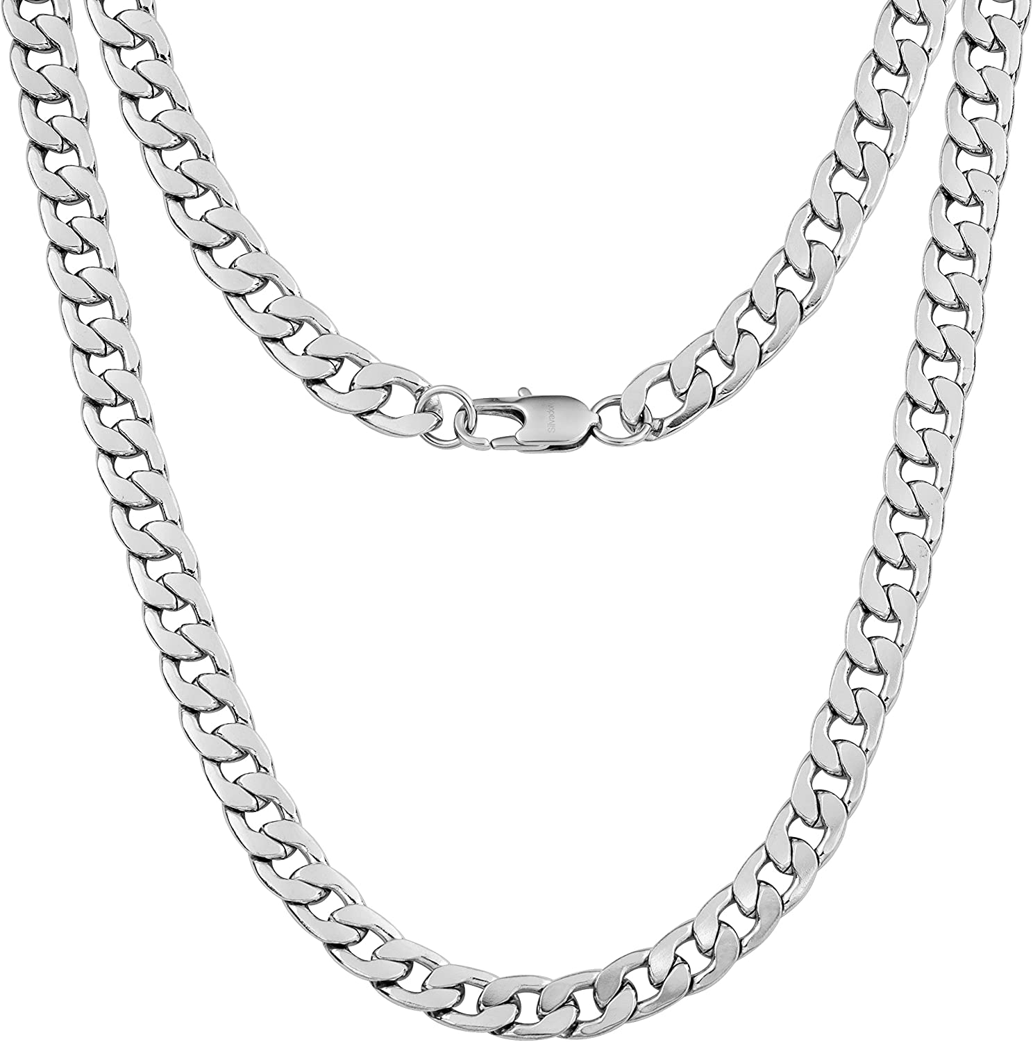 Silvadore 9Mm Curb Mens Necklace - Silver Chain Flat Cuban Stainless Steel Jewelry - Neck Link Chains for Men Man Boys Male Heavy Military - 18 20 22 24 Inch