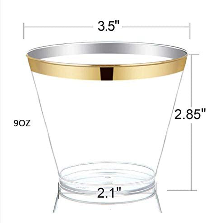 Perfect Settings 110 Premium Gold Rimmed Clear Plastic Disposable Party Cups 9 Ounce Holiday Gathering or Wedding Party Elegant Disposable Cups