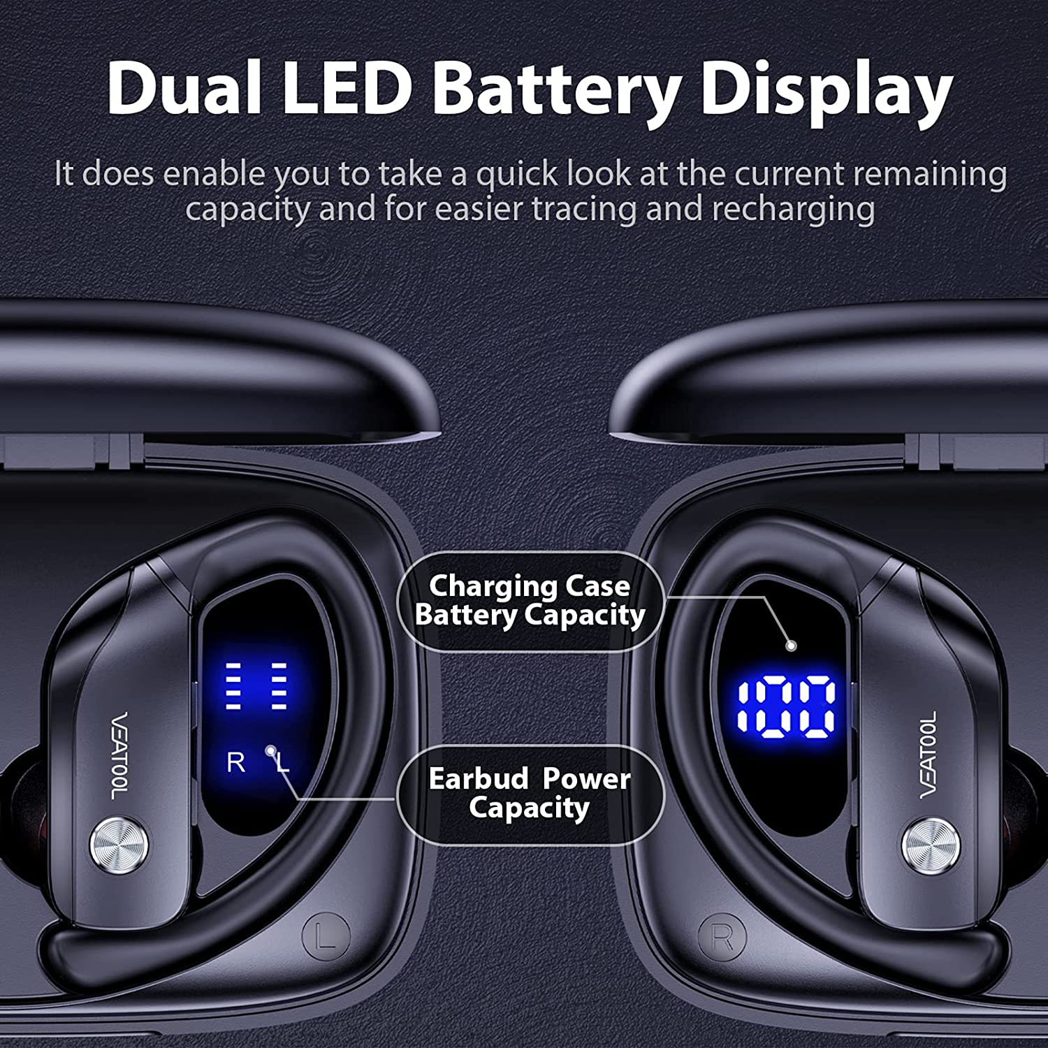 Wireless Earbuds Bluetooth Headphones 48Hrs Play Back Sport Earphones with LED Display Over-Ear Buds with Earhooks Built-In Mic Headset for Workout Black BMANI-VEAT00L