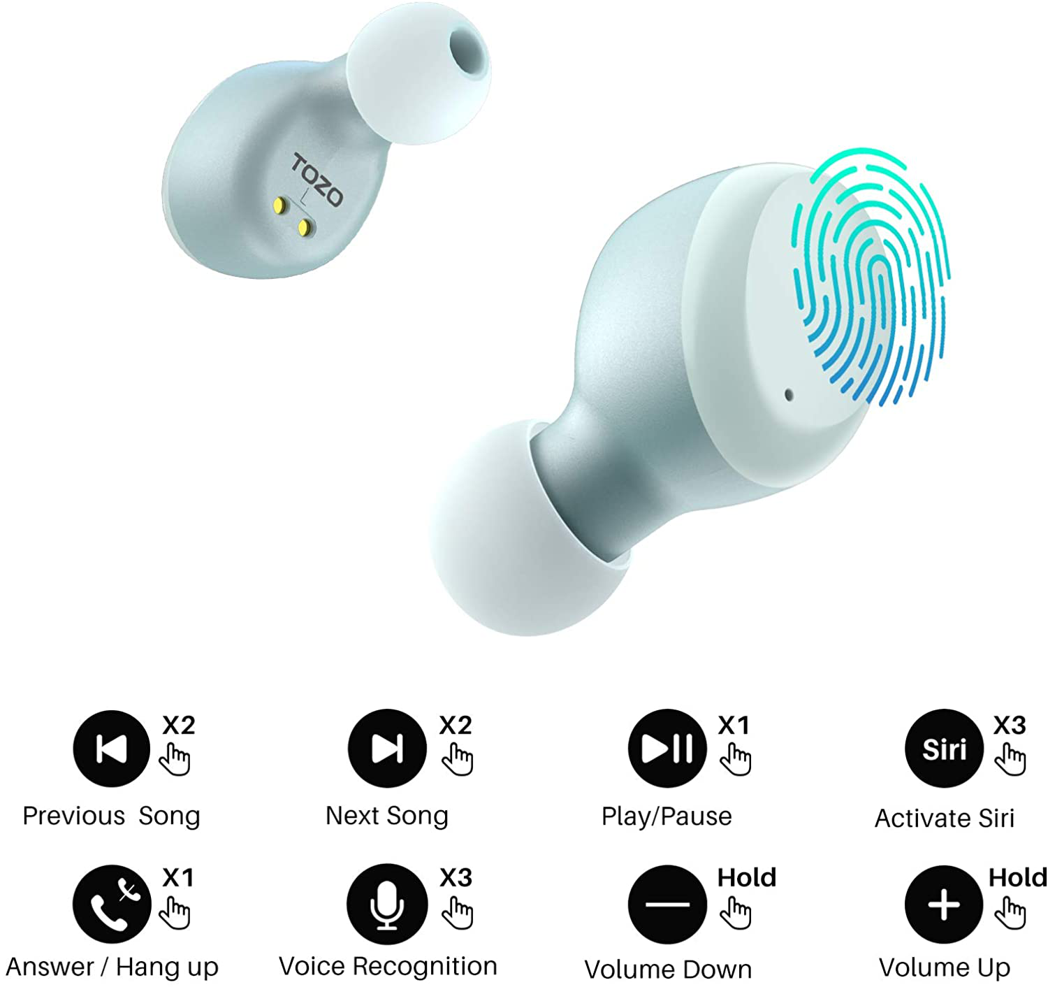 TOZO T6 True Wireless Earbuds Bluetooth Headphones Touch Control with Wireless Charging Case IPX8 Waterproof Stereo Earphones In-Ear Built-In Mic Headset Premium Deep Bass for Sport Blue