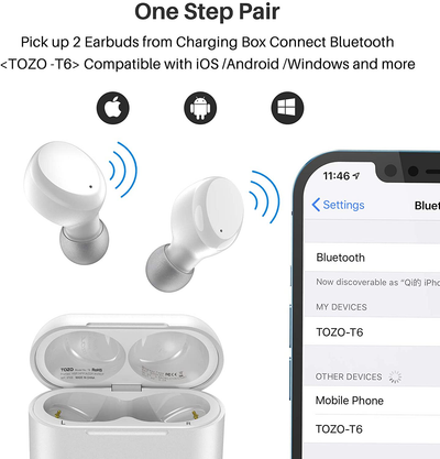 TOZO T6 True Wireless Earbuds Bluetooth Headphones Touch Control with Wireless Charging Case IPX8 Waterproof Stereo Earphones In-Ear Built-In Mic Headset Premium Deep Bass for Sport White
