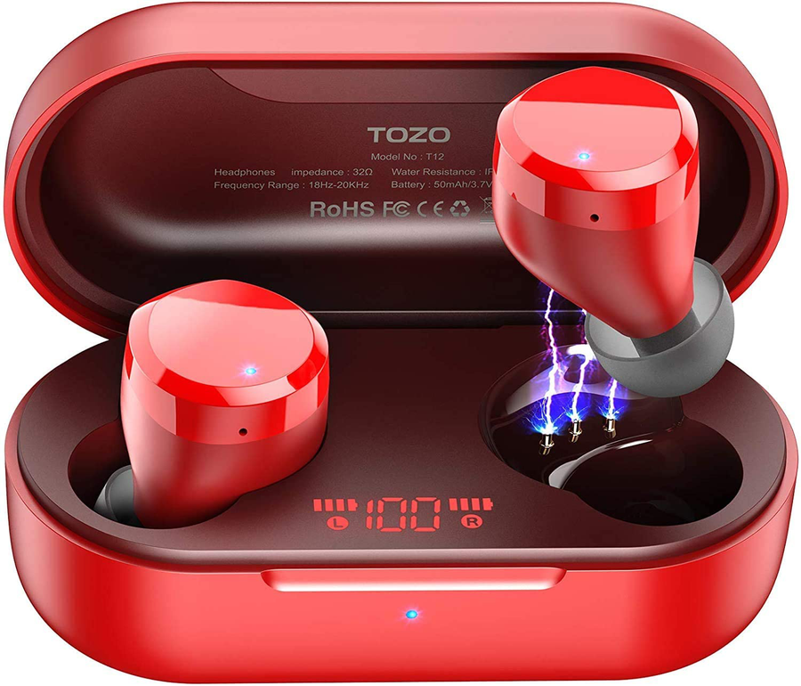 TOZO T12 Wireless Earbuds Bluetooth Headphones Premium Fidelity Sound Quality Wireless Charging Case Digital LED Intelligence Display IPX8 Waterproof Earphones Built-In Mic Headset for Sport Red