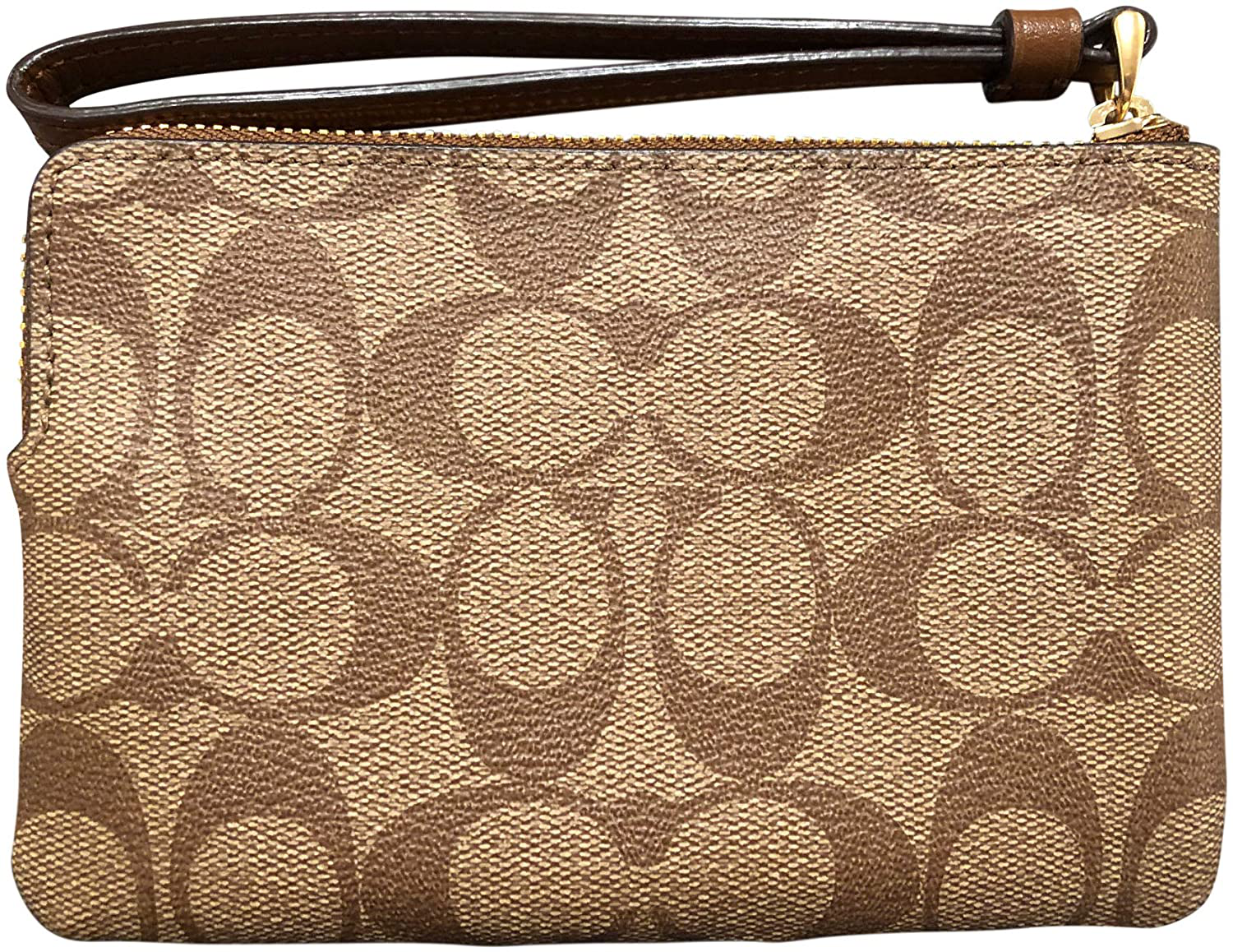 COACH SIGNATURE PVC LEATHER CORNER ZIP WRISTLET, Medium, Khaki/Saddle
