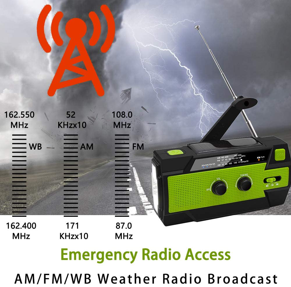 【2021 Newest】 Emergency Solar Hand Crank Portable Weather Radio, with AM FM NOAA, 3 LED Flashlights, Motion Sensor, Reading Lamp, SOS Alarm, 4000Mah Rechargeable Battery USB Charger (Green)