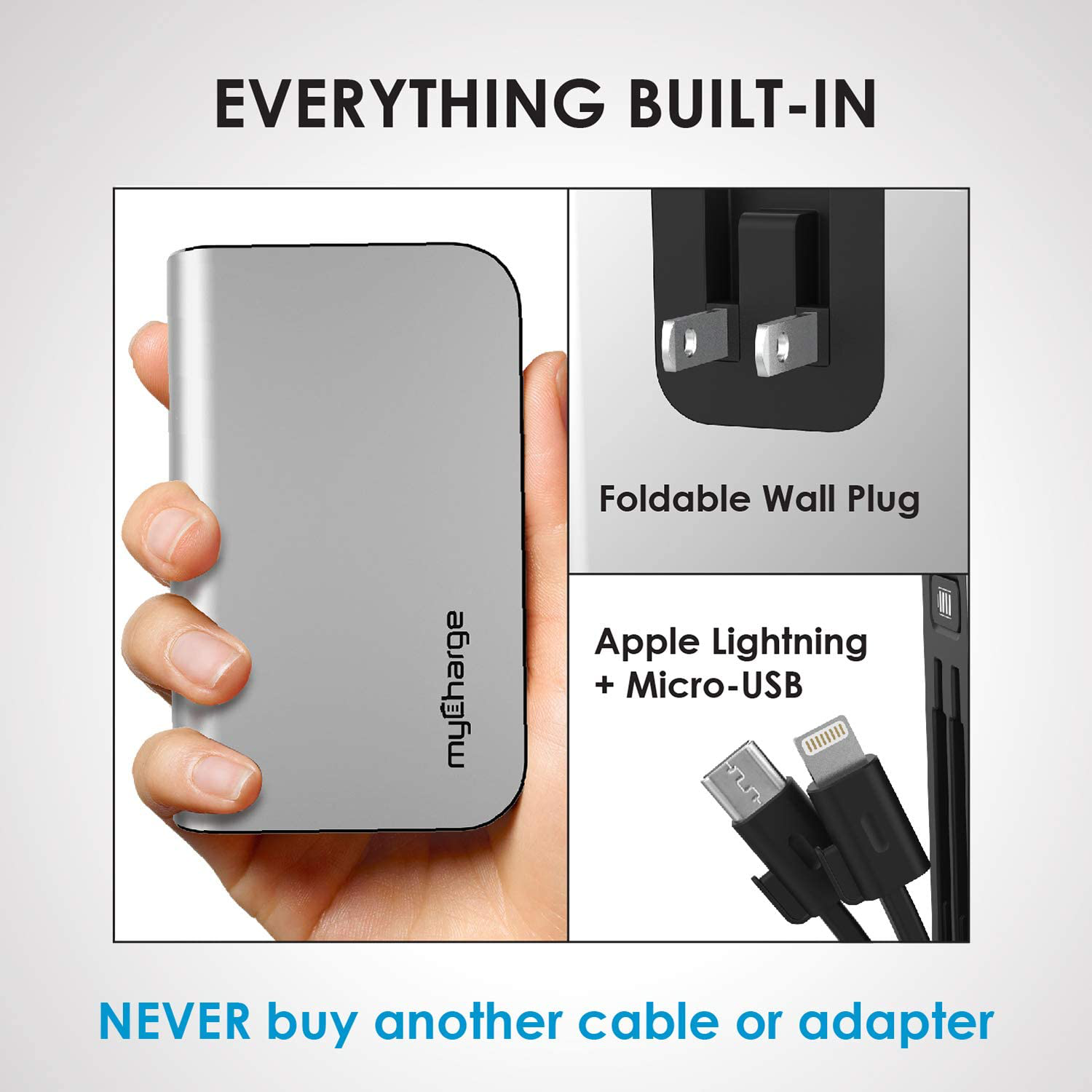 Mycharge Portable Charger for Iphone – Hub 10050 Mah Internal Battery Built in Cable (Lightning, Micro USB) Power Bank Fast Charging Wall Plug USB Battery Pack External Cell Phone Backup, 55 Hrs