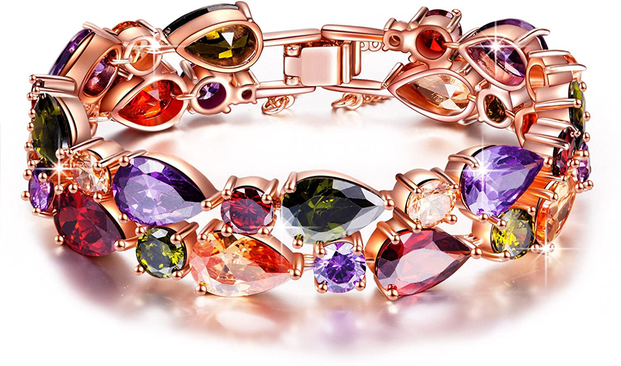 QIANSE Multicolor Bracelets, Colored Stone Tennis Bracelet for Women, Mona Lisa Rose Gold Plated, with Delicate Jewelry Box, Gift for Mom Her Wife Girlfriend Grandmom