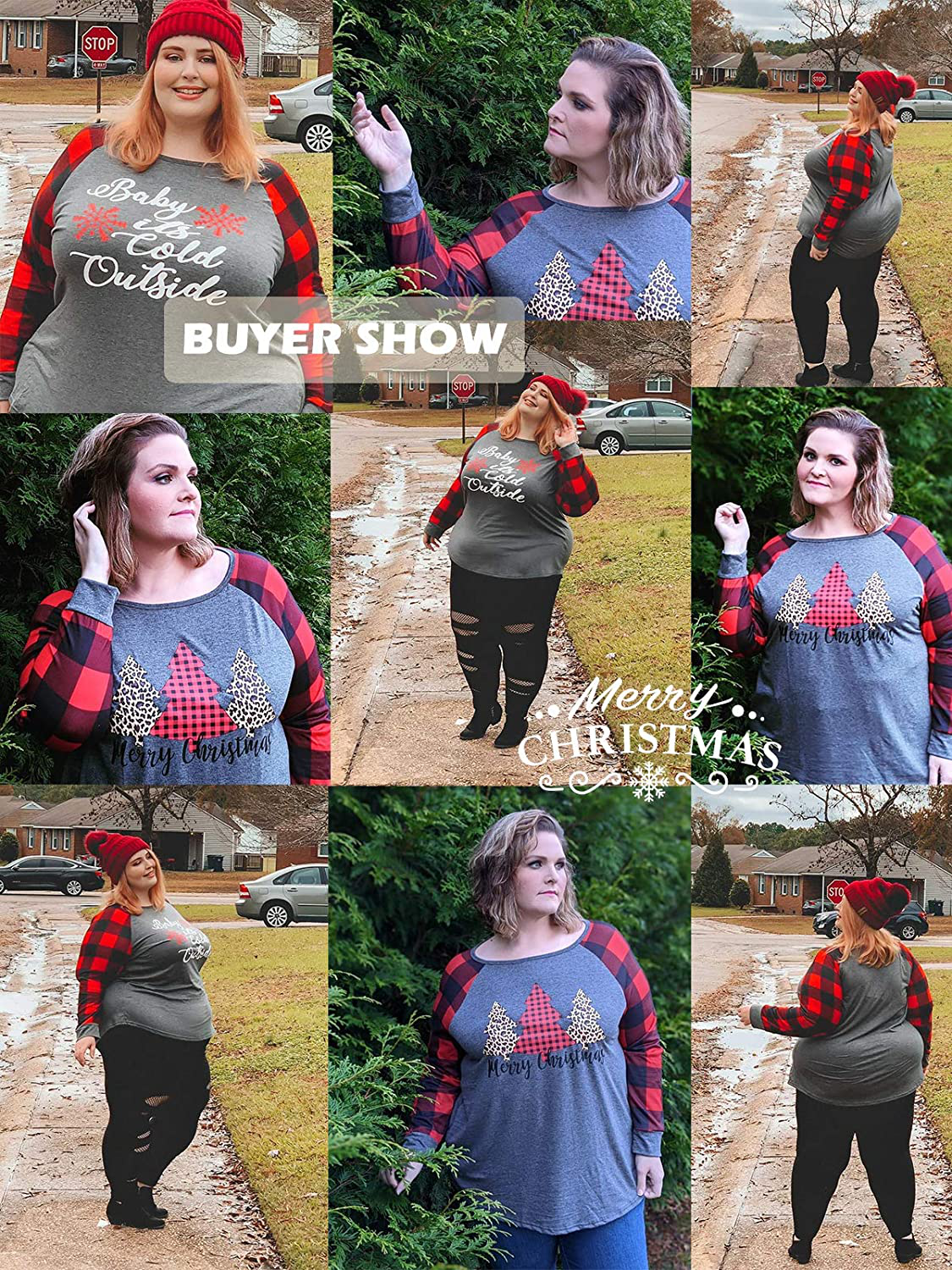 VISLILY Plus-Size-Christmas Shirts for Women Holiday Long Sleeve Tops Raglan Plaid Tee