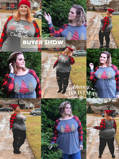VISLILY Plus-Size-Christmas Shirts for Women Holiday Long Sleeve Tops Raglan Plaid Tee