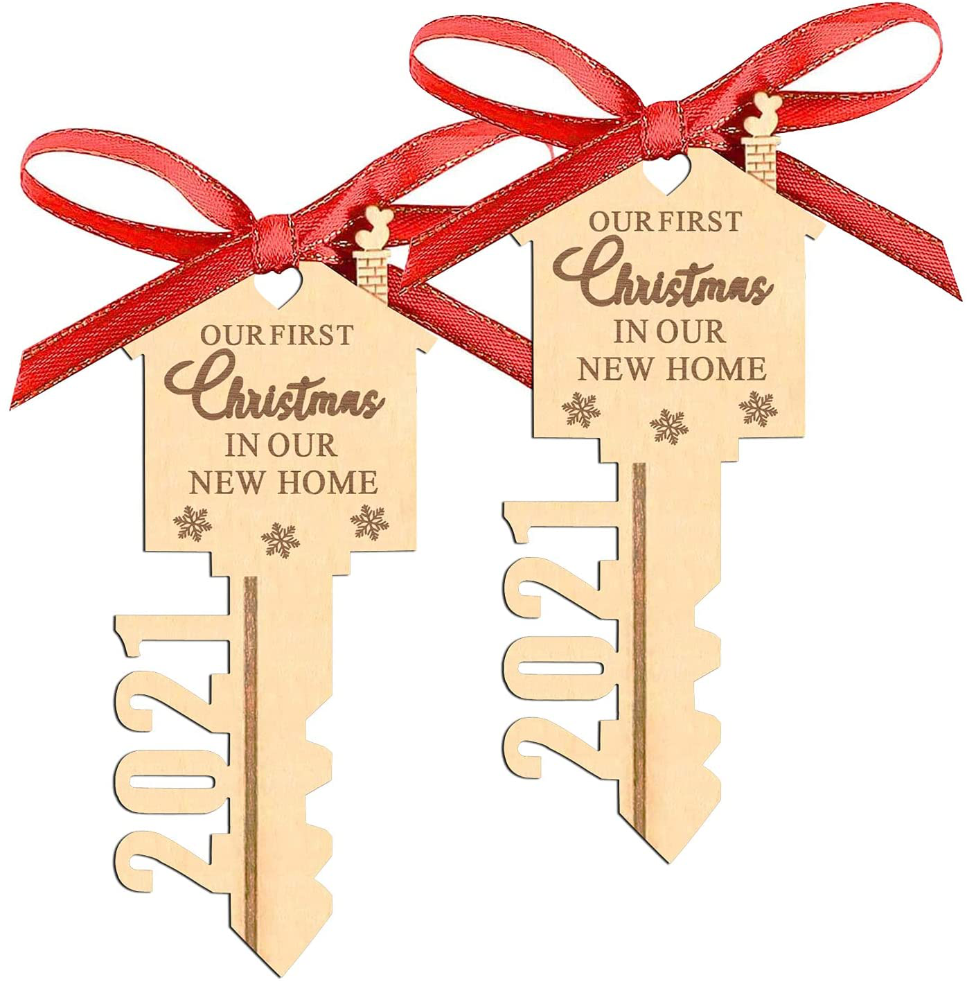 LEJHOME 2021 Our First Christmas in Our New Home Wood Key Christmas Ornament for Housewarming Gift Christmas Tree Holiday Decoration Pack of 2
