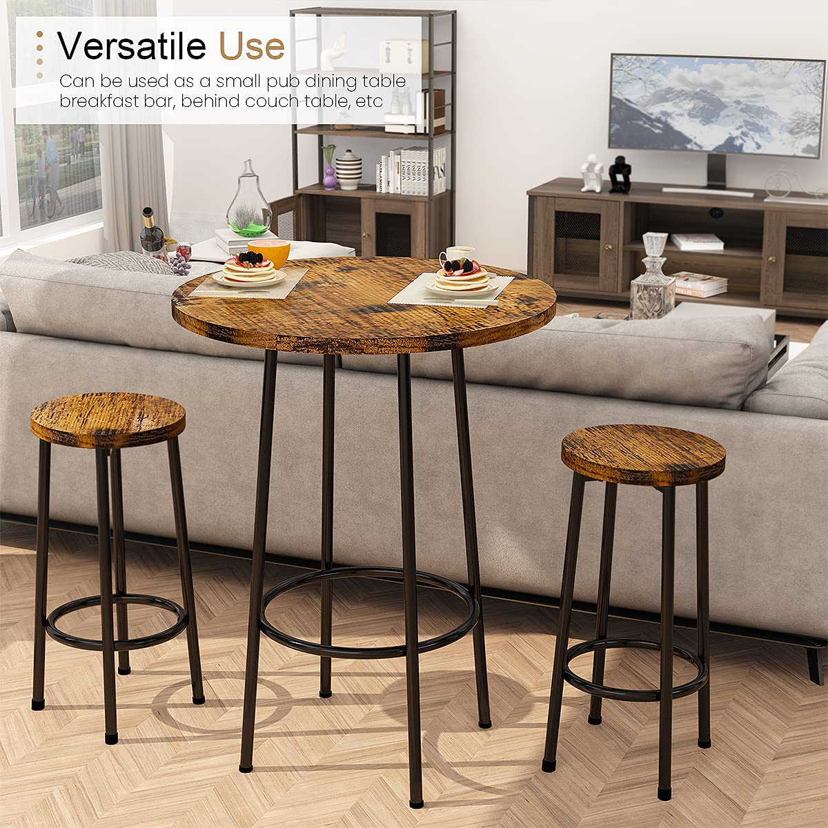 Recaceik 3 Piece Pub Dining Set, Modern round Bar Table and Stools for 2 Kitchen Counter Height Wood Top Bistro Easy Assemble for Breakfast Nook Living Room Small Space Restaurant, Rustic Brown 23