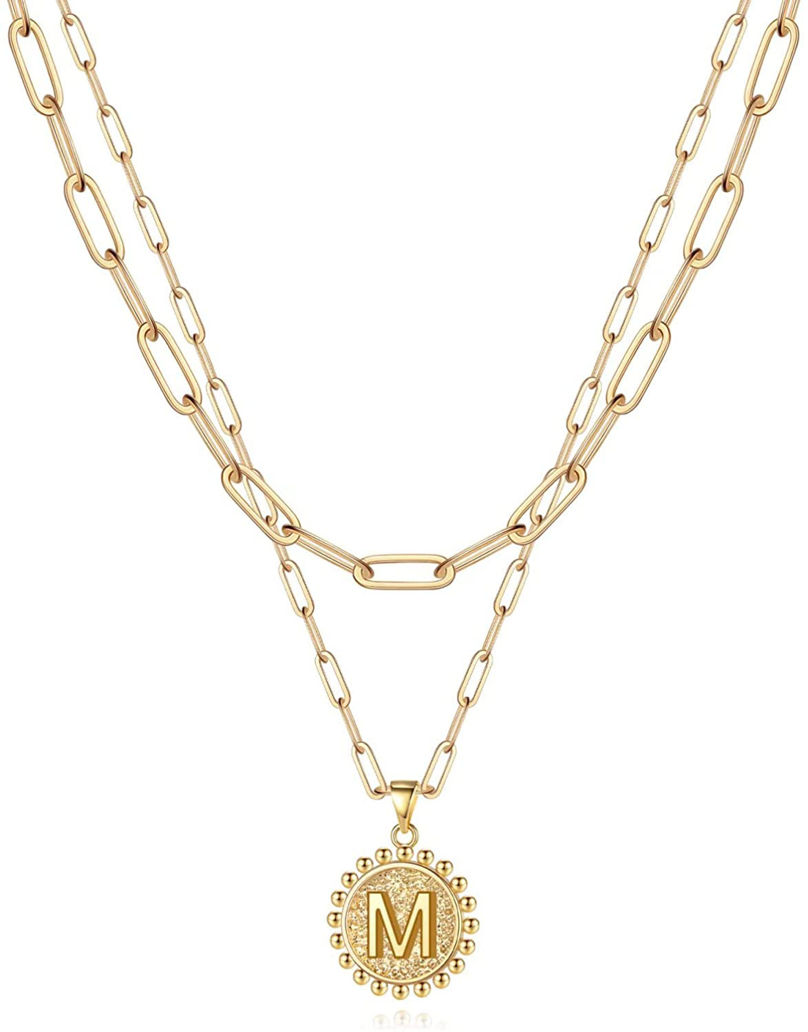 Yoosteel Gold Initial Necklaces for Women Girls, 14K Gold Plated Dainty Layering Paperclip Link Chain Necklace Personalized Coin Initial Layered Gold Necklaces for Women