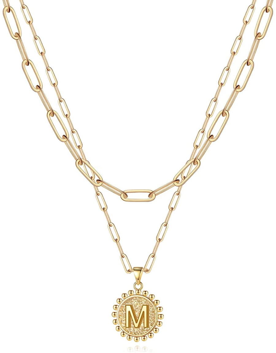 Yoosteel Gold Initial Necklaces for Women Girls, 14K Gold Plated Dainty Layering Paperclip Link Chain Necklace Personalized Coin Initial Layered Gold Necklaces for Women