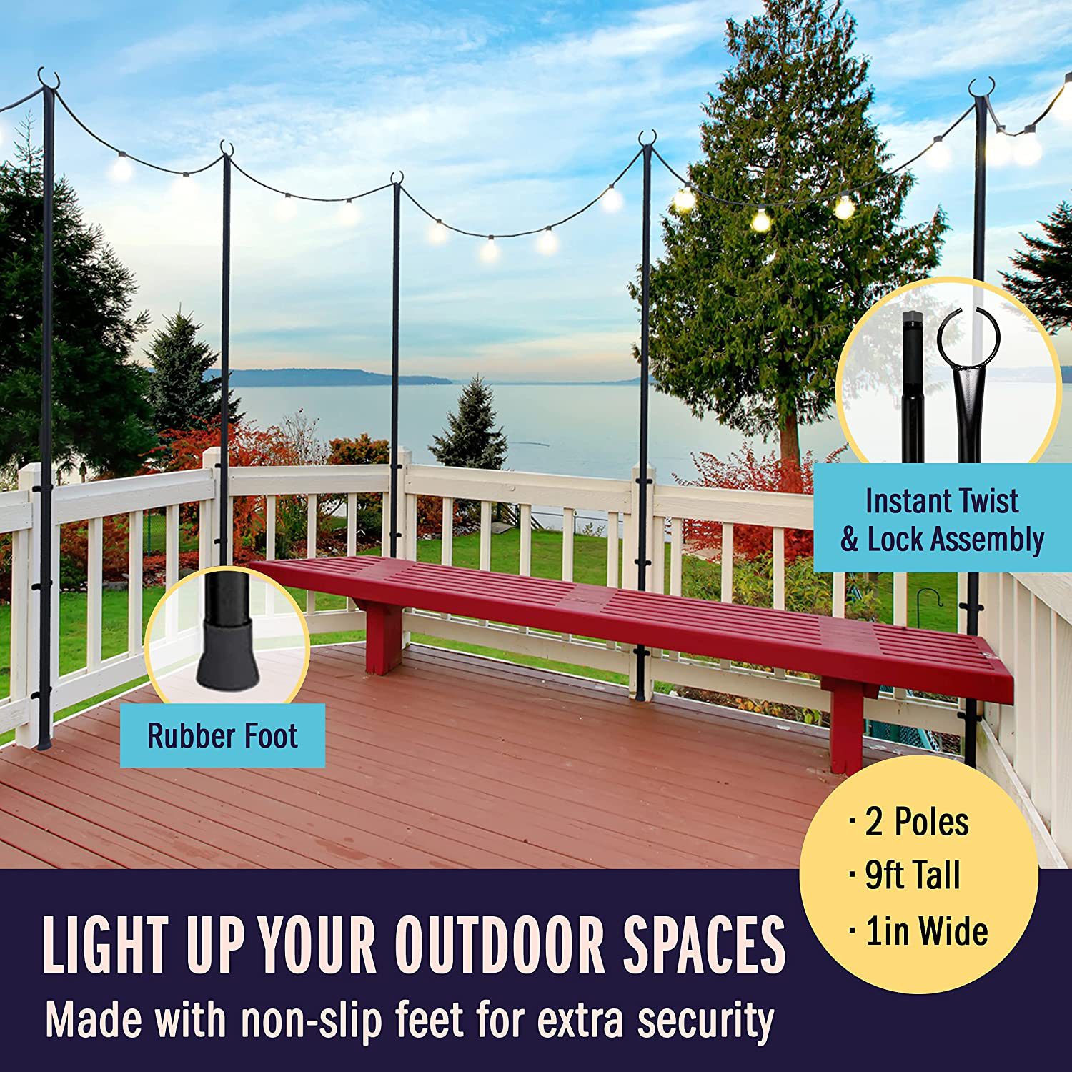 Holiday Styling String Light Poles for Outdoor String Lights - Set of 2 Christmas Light Poles, 110 Inch Pole & Bracket Kit for Deck or Patio Railing - outside Hangers & Hooks for Backyard LED Lights