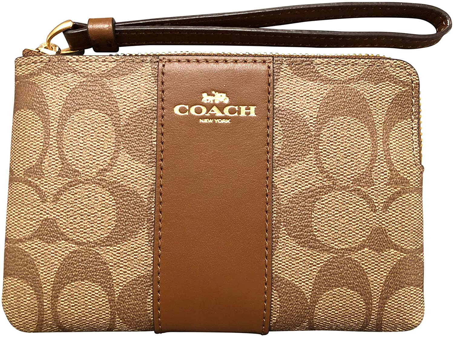 COACH SIGNATURE PVC LEATHER CORNER ZIP WRISTLET, Medium, Khaki/Saddle