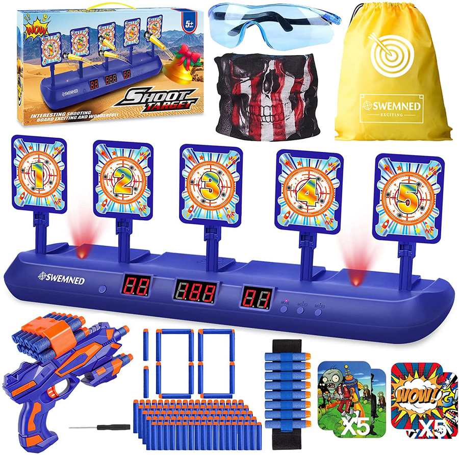SWEMNED Digital Shooting Targets for Nerf Guns Practice Toy, Upgrade 5 Targets Auto Reset 3 Game Mode Electronic Scoring, Ideal Fun Gifts Toys for Age 5,6,7,8,9,10,11,12,13+ Year Old Kids/Boys/Girls