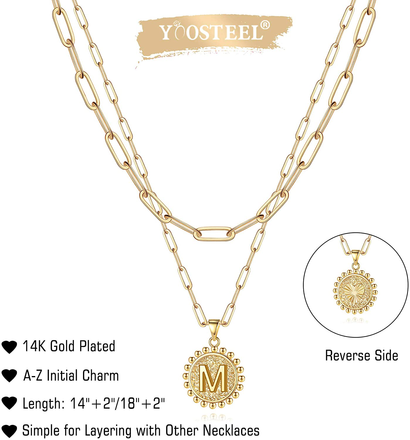Yoosteel Gold Initial Necklaces for Women Girls, 14K Gold Plated Dainty Layering Paperclip Link Chain Necklace Personalized Coin Initial Layered Gold Necklaces for Women