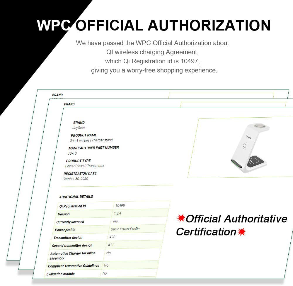Joygeek Wireless Charging Station, Wireless Iphone Charger, 3 in 1 Charging Station for Apple Iphone 13 Pro Max/13 Pro/13/12 Pro Max/12 Pro/12/11 Pro Max/11 Pro/11/Se/X/Xr/Xs/8, Iwatch7/6/Se/3,Airpods