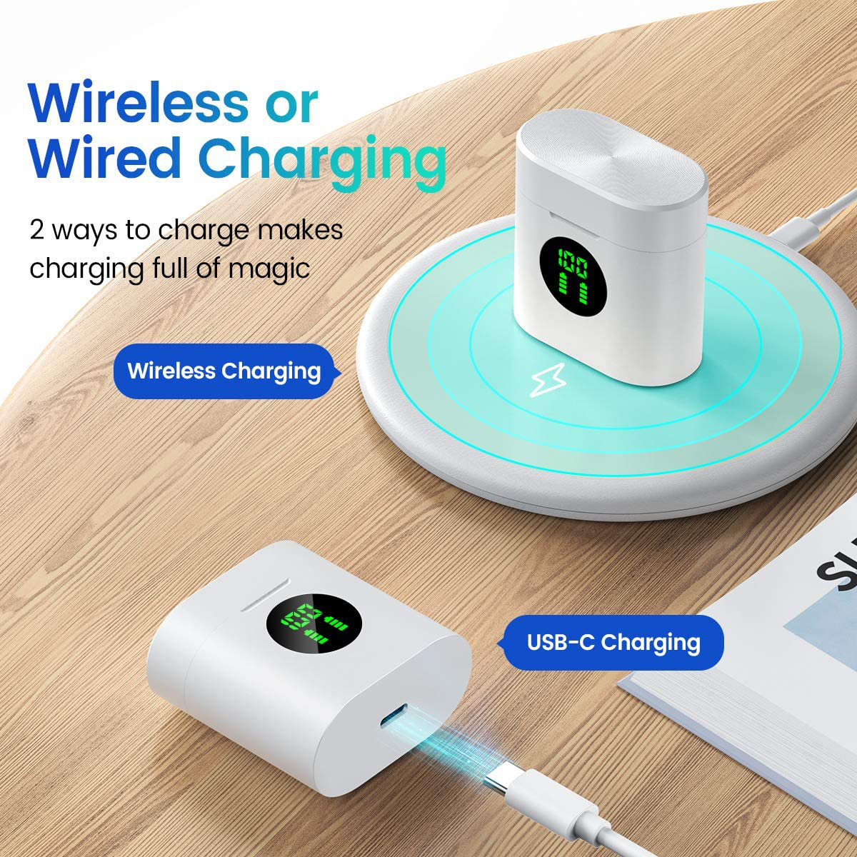 MIFA True Wireless Earbuds, TWS Bluetooth Headphones Stereo Sound Earphones, 30H Playtime Wireless Charging Case & Power Display, Sweat Proof Dual Bluetooth 5.0 Headset with Built-In Mic for Sports