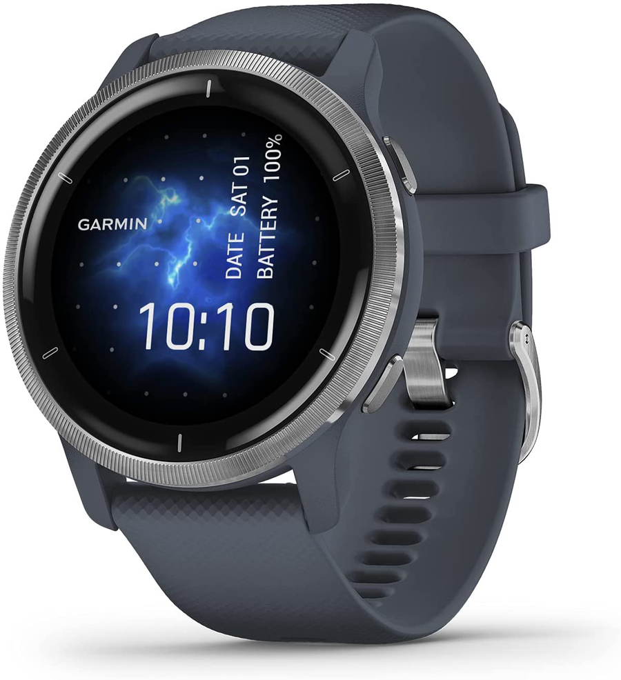Garmin Venu 2, GPS Smartwatch with Advanced Health Monitoring and Fitness Features, Silver Bezel with Graniteblue Case and Silicone Band