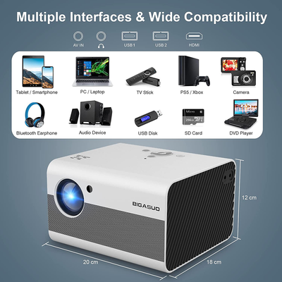Native 1080P Projector Bluetooth with Digital Zoom&Hifi Stereo, BIGASUO Outdoor Movie Projector, 7500L Home Portable Projector Compatible Hdmi,Usb,Av,Tv[100''Screen Included]
