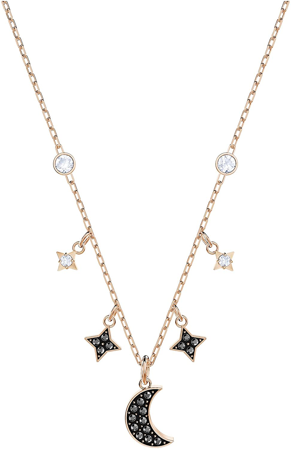 Swarovski Symbolic Moon Necklace with a Black Crystal Pavé Moon and Black and White Crystal Studded Star Charms on a Gold-Tone Plated Chain