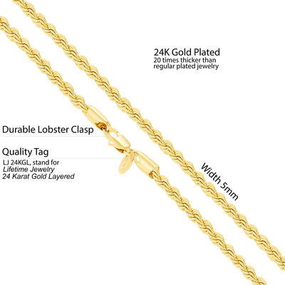 LIFETIME JEWELRY 5Mm Rope Chain Necklace 24K Real Gold Plated for Men Women Teen