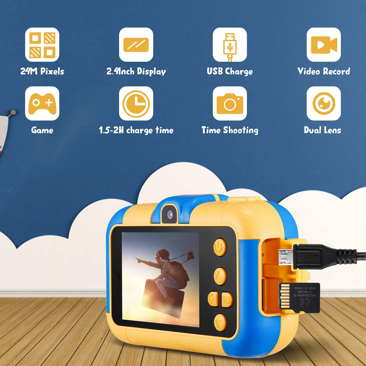 SUZIYO Kids Camera, Digital Video Camcorder Dual Lens 1080P 2.4 Inch Hd,Best Birthday Electronic Toys Gifts for Toddlers Age 3-10 Years Old Boys Grils Children (With 32G Micro SD Card,Blue)