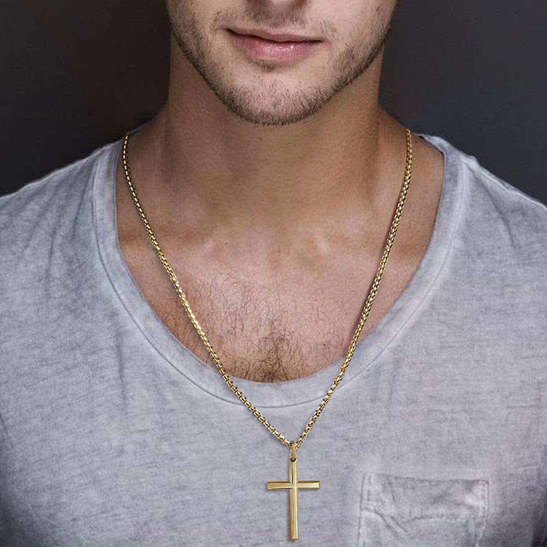 FANCIME Yellow/White Gold Plated 925 Solid Sterling Silver Polished Big Beveled Edge Men'S Crucifix Cross Pendant Long Necklace Fine Jewelry for Men Boys, with Strong Stainless Steel Box Chain Length 24 Inch