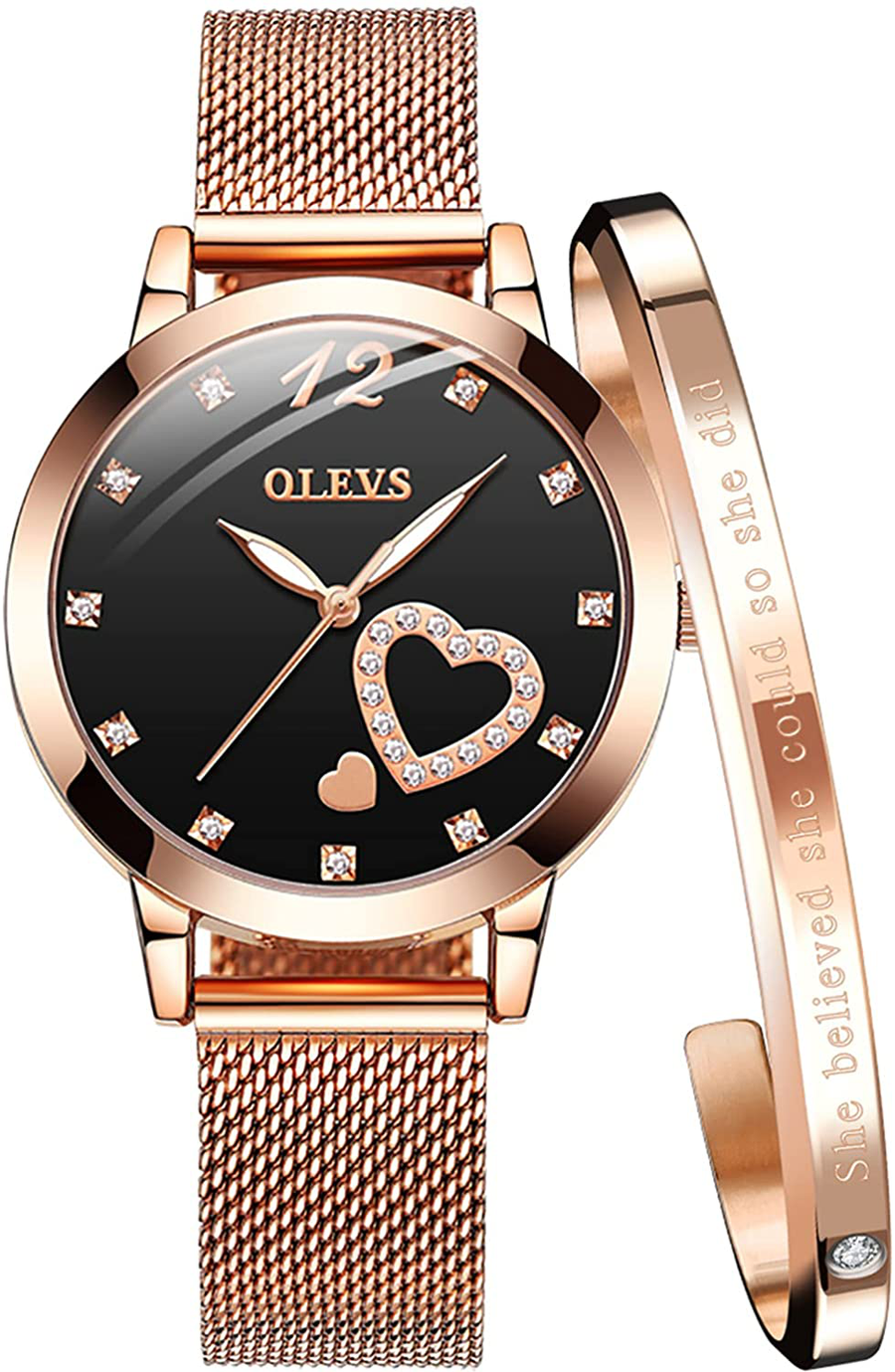 OLEVS Women'S Rose Gold Watches Heart Diamond Japanese Quartz Movement Girls Ladies Wristwatch Big Face Waterproof Mesh Belt Watch and Bracelet Set Valentines Day Gifts