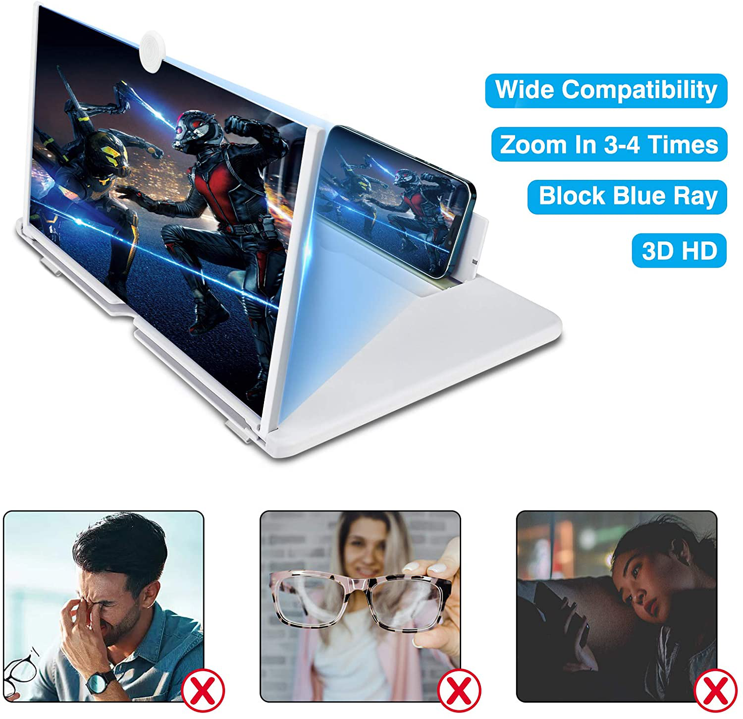 16 Inch Screen Magnifier for Cell Phone 3D Magnifier Screen Enlarger for Movies,Videos,Reading,Gaming-Screen Amplifie with Foldable Phone Stand Holder. Compatible with All Smartphones-White