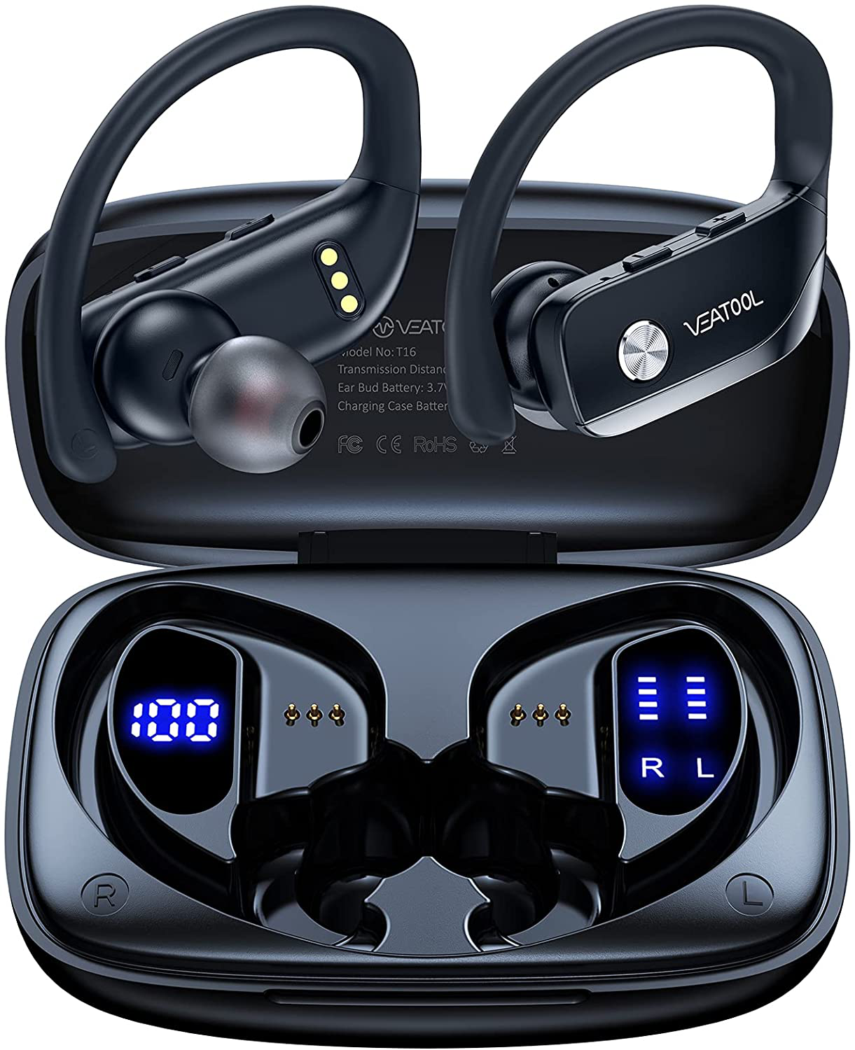 Wireless Earbuds Bluetooth Headphones 48Hrs Play Back Sport Earphones with LED Display Over-Ear Buds with Earhooks Built-In Mic Headset for Workout Black BMANI-VEAT00L